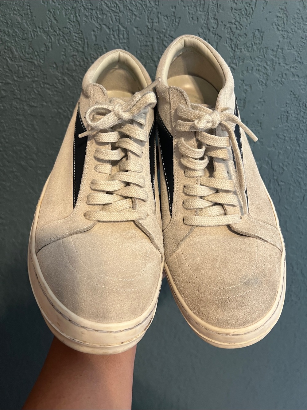 Men's Neutral Suede Lace-Up Sneakers with Black Side Stripe Rick Owens EU 42